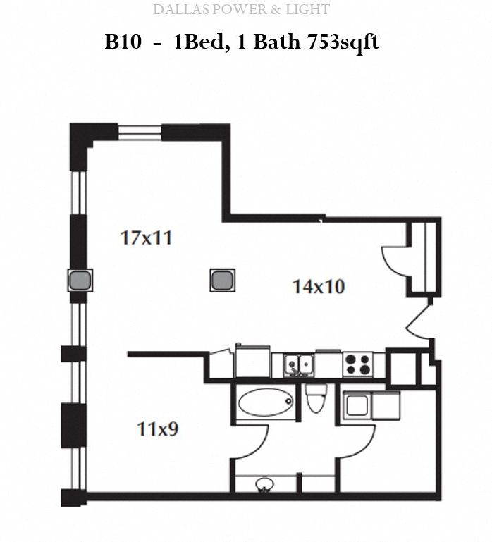 Floor plan for 1 bed, 1 bath, 752 sqft